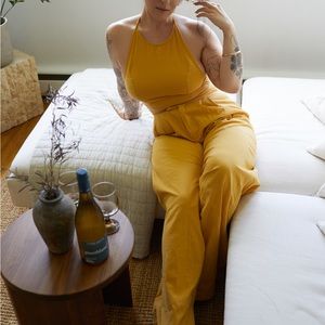 SHEIN Mustard Yellow Halter Top & Wide Leg Trouser Faux Linen Set